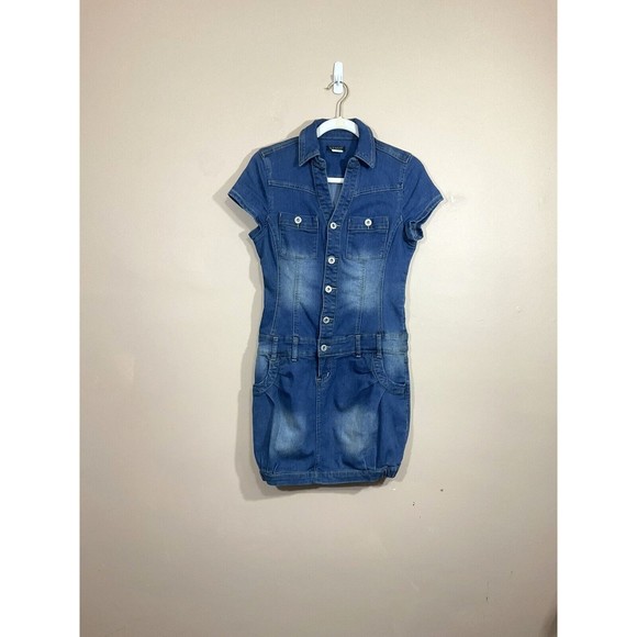 Venus Womens Button Up Denim Mini Dress 4 Blue Y2K Bubble Hem Club Retro NWOT - Picture 1 of 7